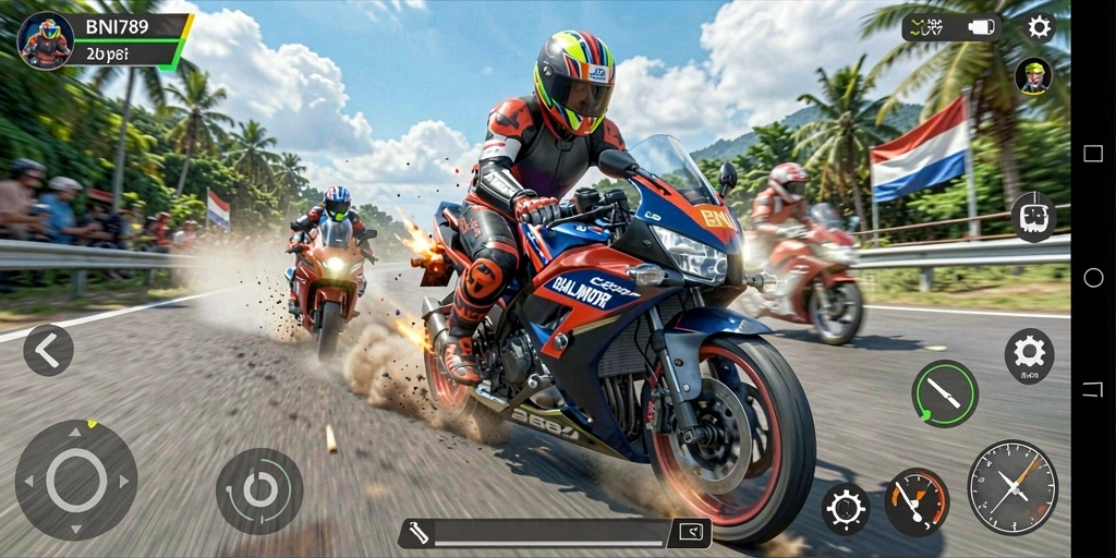 Tampilan gameplay balapan motor yang seru dan mendebarkan.
