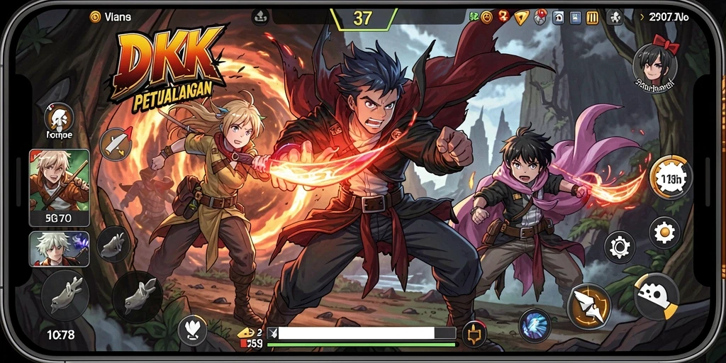 Screenshot utama DKK yang menampilkan aksi seru dalam dunia anime.