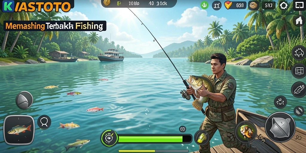 Screenshot KASTOTO menampilkan pengguna yang menangkap ikan di suasana laut yang indah.