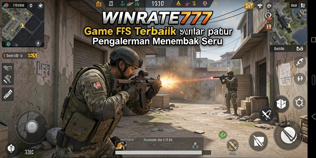 Screenshot WINRATE777 menunjukkan aksi menembak yang mendebarkan di tengah pertempuran.